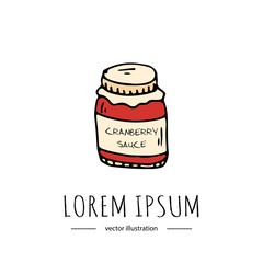 Hand drawn doodle Thanksgiving icon - Cranberry sauce in jar isolated on white background. Vector illustration. Cartoon celebration element: kitchen glass bottle, berry, fruits, juice, jam