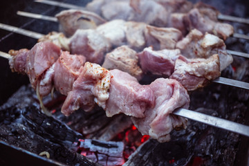 Grilled kebab cooking on metal skewers (grill). Roasted meat cooked at barbecue with smoke. Close up BBQ fresh pork meat chop slices. Traditional eastern dish, shish kebab.