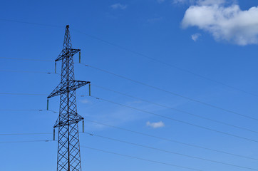 High voltage power line. Power distribution, copy space