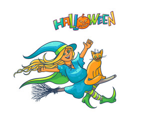 Bright vector girl witch on broom with cat. Illustration cheerful, humorous young magician and pet to all saints day. Children party Halloween. Charmer in pointed hat flying. Lettering with pumpkin