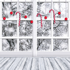 Christmas room interior with winter window and New Year decor