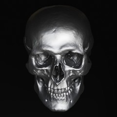 Down-turned dark steel skull model with high contrast lighting and a black background.