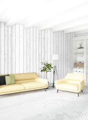 White bedroom minimal style Interior design with wood wall and grey sofa. 3D Rendering.