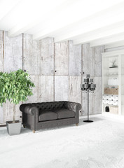 White bedroom minimal style Interior design with wood wall and grey sofa. 3D Rendering.