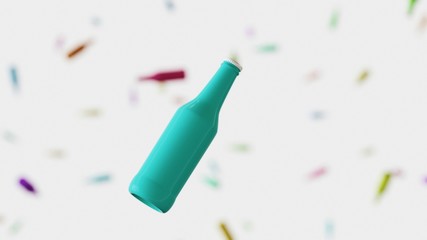 Vibrantly colored floating longneck bottles floating in space