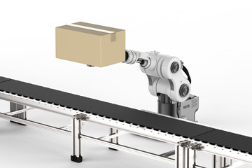 robot arm working with cardboard box