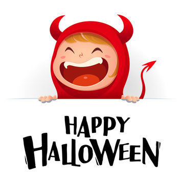 Happy Halloween. Red devil demon with big signboard. White background.