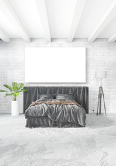 White bedroom minimal style Interior design with wood wall and grey sofa. 3D Rendering.