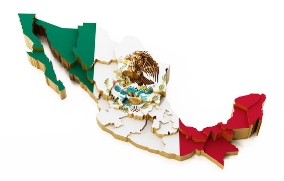 Mexico map with national flag texture showing state boarders. 3D illustration