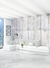 White bedroom minimal style Interior design with wood wall and grey sofa. 3D Rendering.