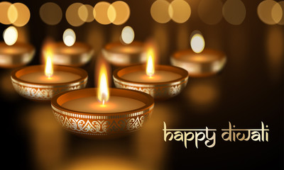 Happy Diwali gold candle light Indian greeting card vector lettering text poster