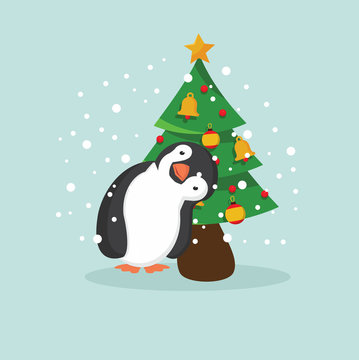 Cute Penguin and tree