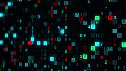 Digital data hex code on screen with DOF