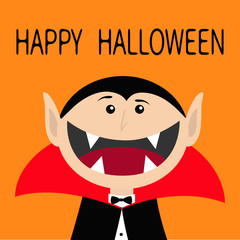 Happy Halloween. Count Dracula head face wearing black and red cape. Cute cartoon vampire character with fangs. Big mouth. Greeting card. Flat design. Orange background. Isolated.