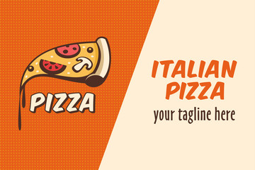 Logo of pizza in cartoon style for cafe pizzeria. Vector illustration. Slice of pizza with mushrooms, sausage, tomatoes and cheese.