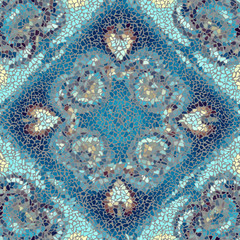 Seamless background pattern. Irregular decorative geometric mosaic art tile pattern from uneven broken pieces. Turquiose colors mosaic.