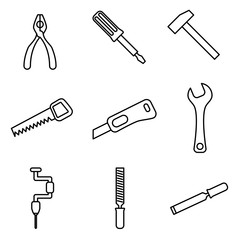 Vector Illustration of Thin Line Icons for Tools. Editable Line. Collection 23. Linear Symbols Set: Pliers, Screwdriver, Hammer, Saw, Knife, Key, Drill, File, Chisel.