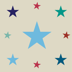 Obraz premium Vector vintage stars background. Retro fabric design, childrens or jeans denim fashion pattern. Red, blue, turquoise stars on a beige or ocher background. American identity colours, cowboy style