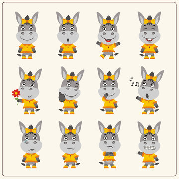 Set of charming little donkey girl in various poses. Collection emoticons of isolated girls donkeys in cartoon style.