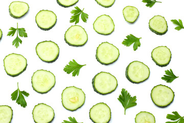 sliced cucumber isolated on a white background top view