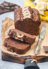 Homemade chocolate banana cake (bread). Dessert for tea and coffee. Selective focus