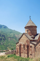 Fototapeta na wymiar Ancient Monastery Noravank built of natural stone tuff. The city of Yeghegnadzor, Armenia. Landscape view of the mountains. 