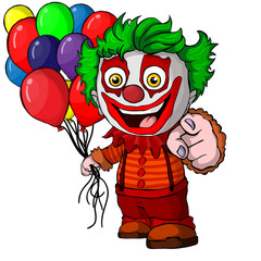 The funny clown holding balloons. Vector illustration