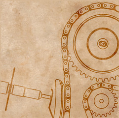 Drawing the car mechanism, a technical background on the old sheet of paper, a vector illustration.