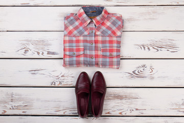 Plaid shirt and leather shoes - 173663729