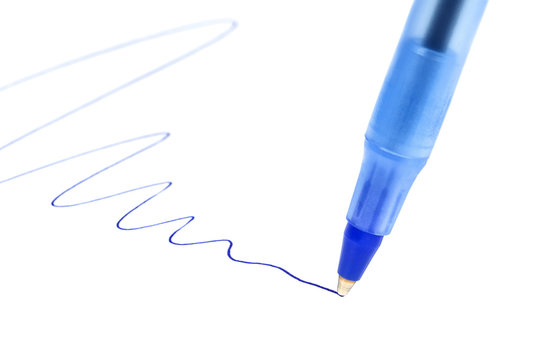 Writing blue ball pen on paper.