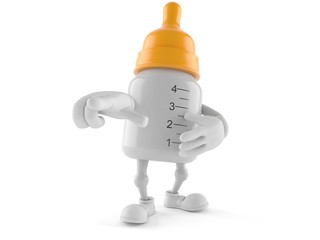 Fototapeta premium Baby bottle character pointing finger