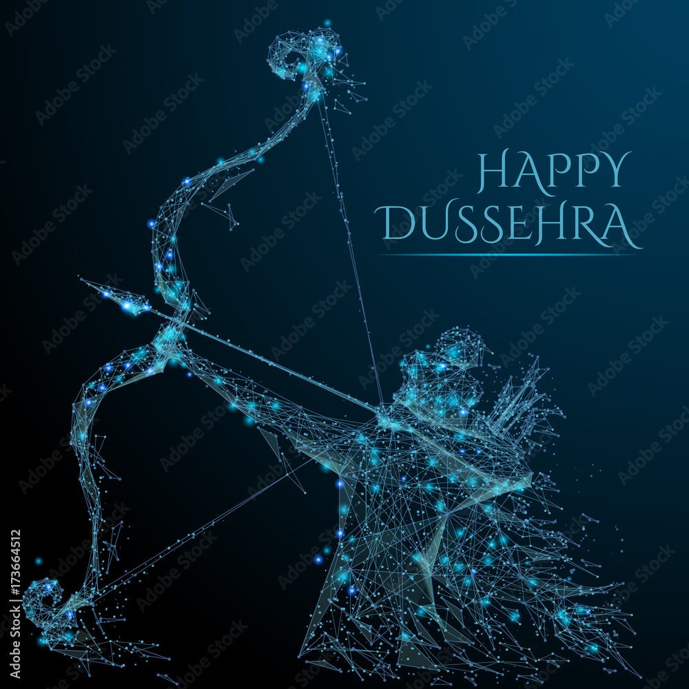 Poster vector illustration of lord rama with arrow killing ravana in dussehra navratri festival. polygonal 