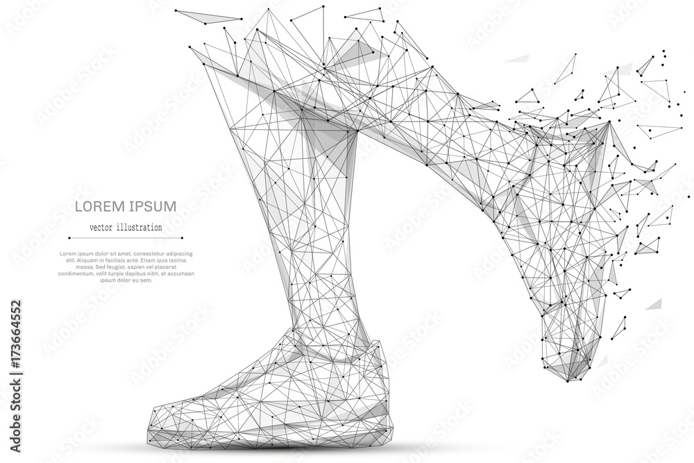 Poster abstract mash line and point feet in sneakers running on white background with an inscription. starr