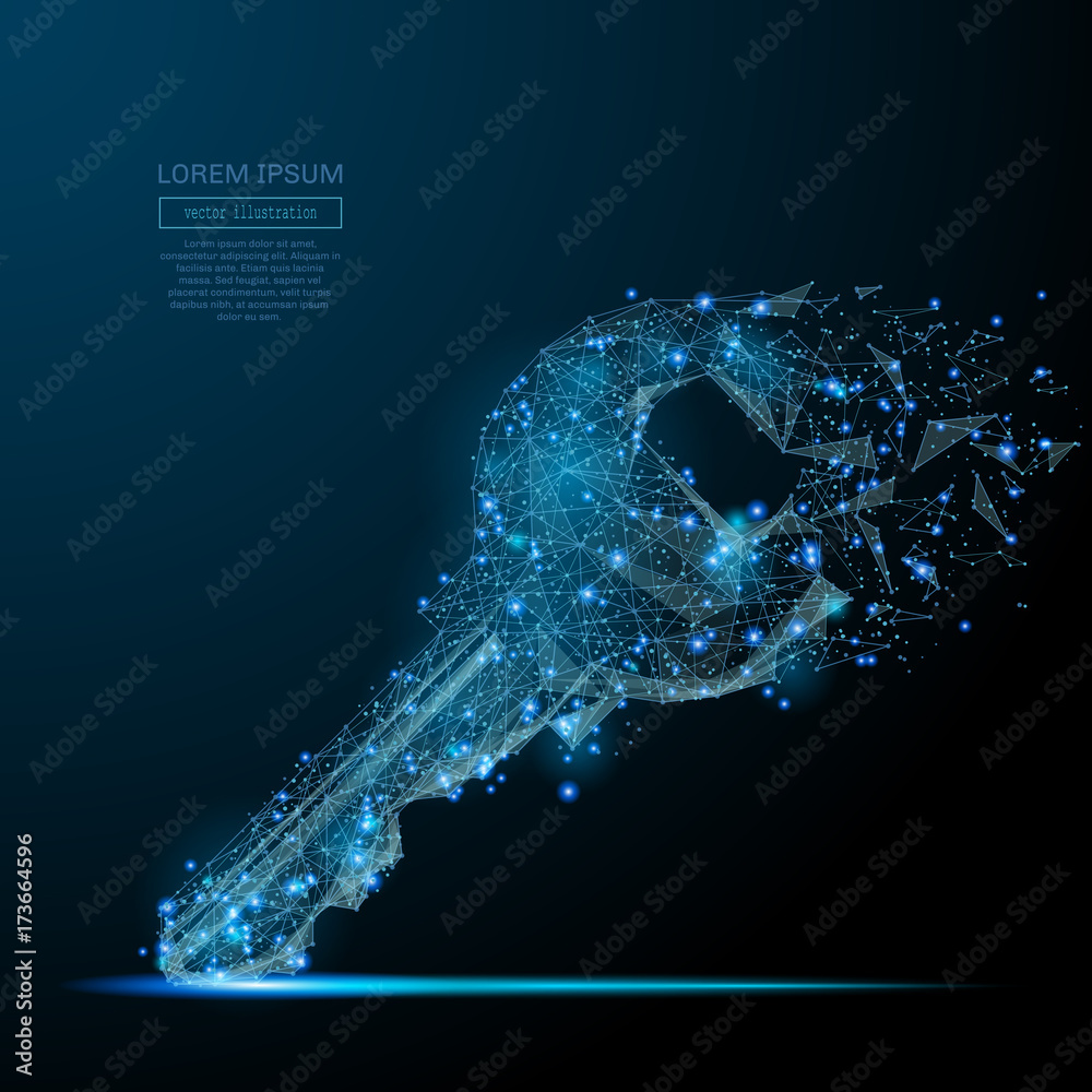 Aufkleber Lock key isolated from low poly wire frame on dark background. Data storage and protection vector polygonal image in the form of a starry sky or space, consisting of points, lines, and shapes.