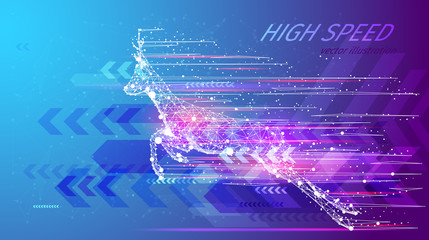 High speed concept. Roe in the form of a starry sky or space, consisting of points, lines, and shapes in the form of planets, stars and the universe. Vector wireframe concept. Blue purple