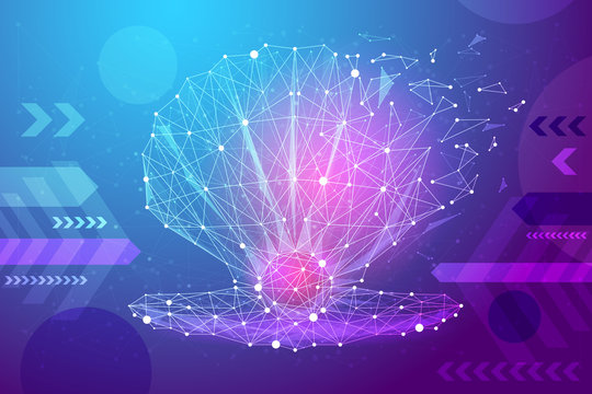 Pearl in shell isolated from low poly wire frame on colorful background. Jewelery vector polygonal image in the form of a starry sky or space, consisting of points, lines, and shapes. blue and purple