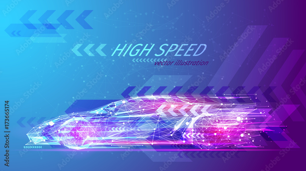 Poster high speed concept. sport car in the form of a starry sky or space, consisting of points, lines, and