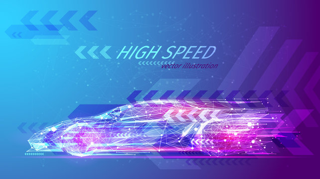 High speed concept. Sport car in the form of a starry sky or space, consisting of points, lines, and shapes in the form of planets, stars and the universe. Fast vector wireframe concept. Blue purple
