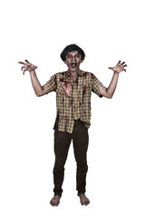 Portrait of scary asian zombie man hand with a claw standing