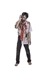 Fotobehang Portrait of creepy asian zombie man in clothes with blood © Leo Lintang