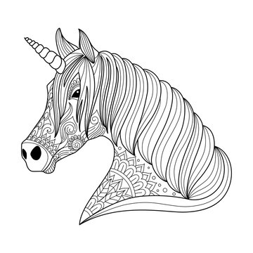 Drawing unicorn zentangle style for adult and children coloring book, tattoo, shirt design, logo, sign. stylized illustration of horse unicorn in tangle doodle style