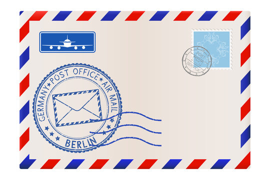 Envelope with BERLIN stamp. International mail postage with postmark and stamps