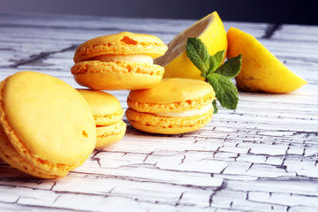 Sweet and colourful french macaroons or macaron with lemon