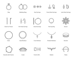 Jewelry Black Thin Line Icon Set. Vector