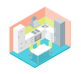 Interior Kitchen Room with Furniture Isometric View. Vector