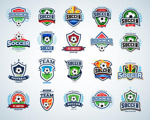 Soccer logo templates set. Football logotypes. Set of soccer football crests and logo template emblem designs, logotypes design concepts of football icons. Collection of Soccer Themed T shirt Graphics