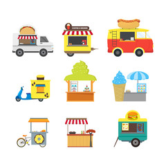 Cartoon Street Food Truck Stall Kiosk Set. Vector