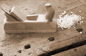 workbench in an old carpentry with the plane