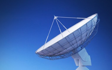 Satellite dish or radio antenna against blue sky. 3D rendered illustration. - obrazy, fototapety, plakaty
