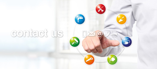 hand pushing on a touch screen interface handyman symbol icon, contact us web banner
